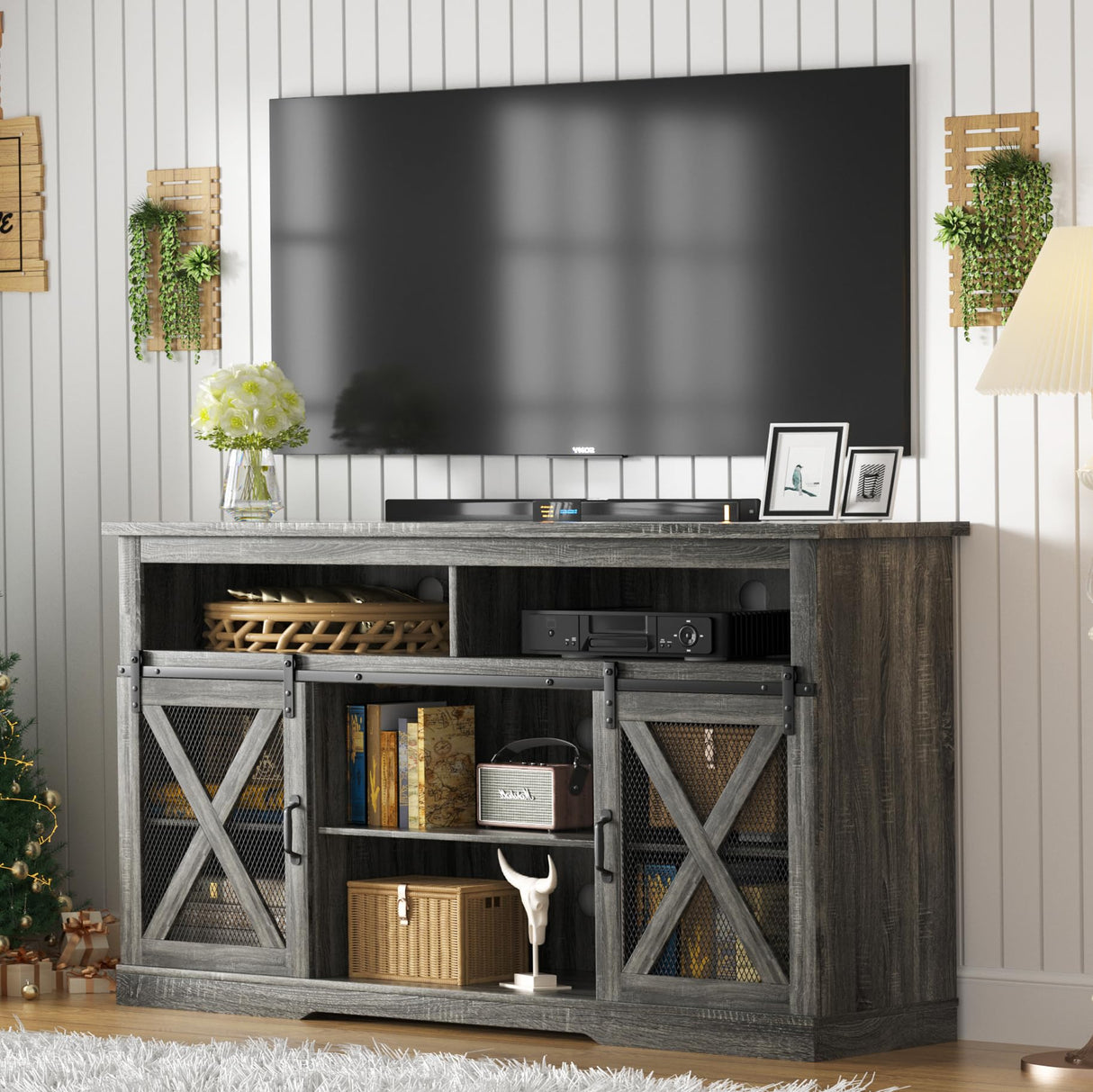 TOLEAD Farmhouse TV Stand for 65 inch TV Farmhouse Entertainment Center with Sliding Barn Doors Console Storage Cabinet for Living Room, Bedroom Grey TOLEAD