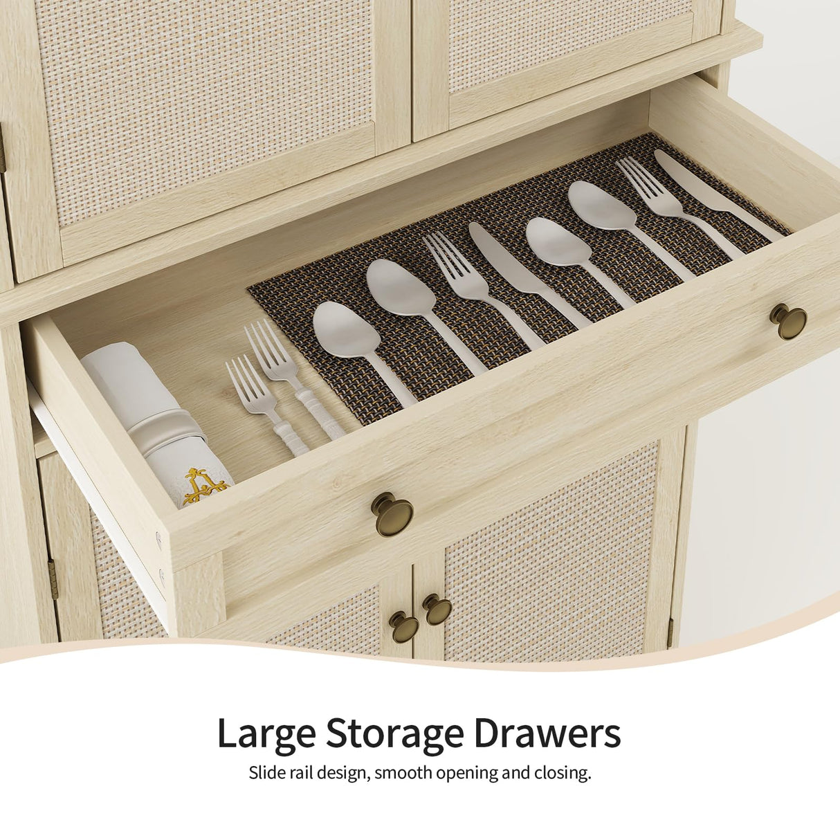 YHAOWORKS Kitchen Pantry Storage Cabinet - Rattan 4 Doors 1 Drawer Tall Cabinet with Adjustable Shelf and 6 Shelves, 72'' Freestanding Cupboard for Living Room, Dining Room, Bathroom (Natural) YHAOWORKS