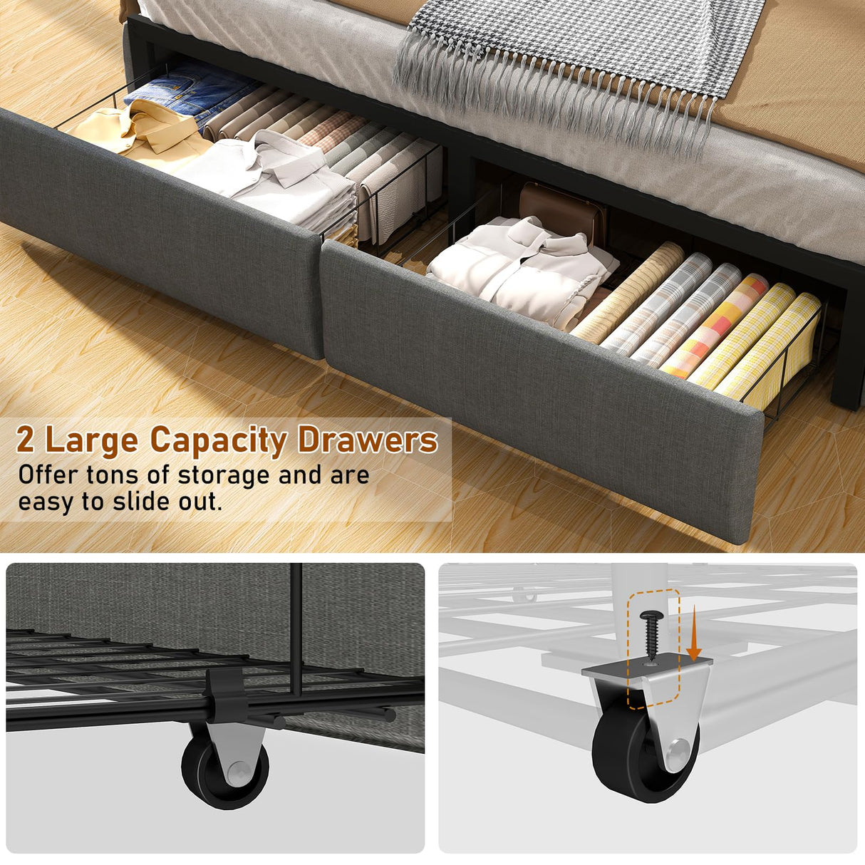 SADENICEL Full Size Bed Frame with Storage Headboard and 2 Drawer, Metal Full Bed Frame Platform with LED Light, Charging Station, No Box Spring Needed, Noise Free, Easy Assembly, Grey SADENICEL