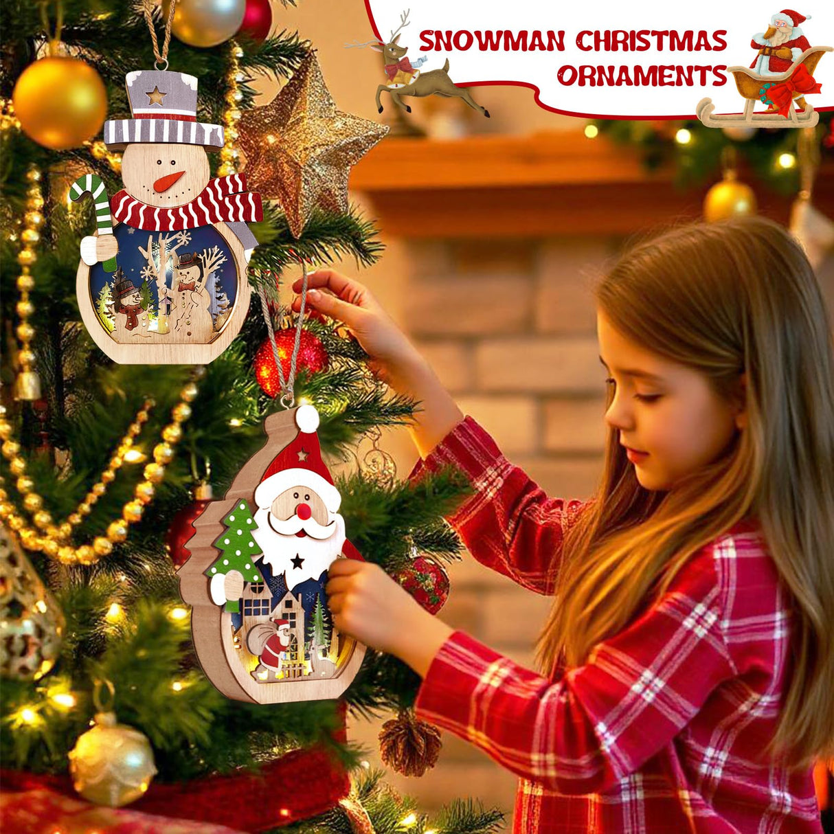 OurWarm 2 Pcs Wooden Christmas Ornaments, LED Luminous Wood Christmas Decor Snowman Santa Claus Christmas Tree Hanging Ornaments, Table Hotel Window Display, Crafts Gifts for Xmas Party Decor OurWarm