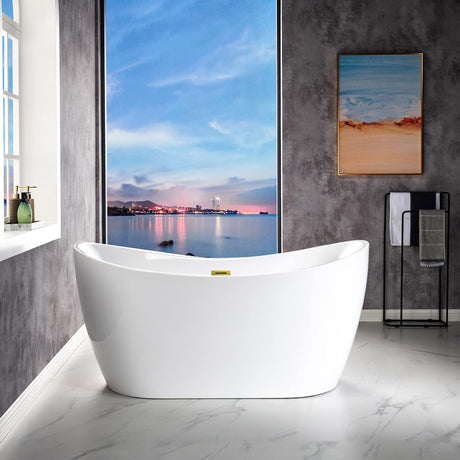 WOODBRIDGE 59" Acrylic Freestanding Bathtub Contemporary Soaking White Tub with Brushed Gold Overflow and Drain，B0016 -BG-Drain &O WOODBRIDGE