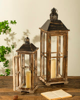 Large Farmhouse Wooden Decorative Lantern Set of 2, Rustic Distressed Brown Burnt Wood Floor Candle Lanterns, Indoor/Outdoor Hanging Lanterns for Home Decor (No Glass) TIMRIS