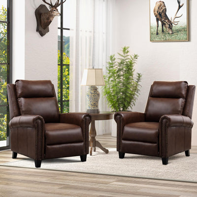CANMOV Leather Recliner Chair Set of 2, Classic and Traditional Push Back Recliner Chair with Comfortable Arms and Back for Living Room Bedroom Adjustable Single Sofa, Brown
