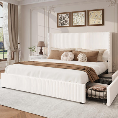 LARMACE King Size Bed Frame with 4 Storage Drawers Modern White Corduroy Upholstered Platform Bed Frame with Headboard Tufted Vertical Stripe &Wooden Slats Support, No Box Spring Need,Easy Assembly