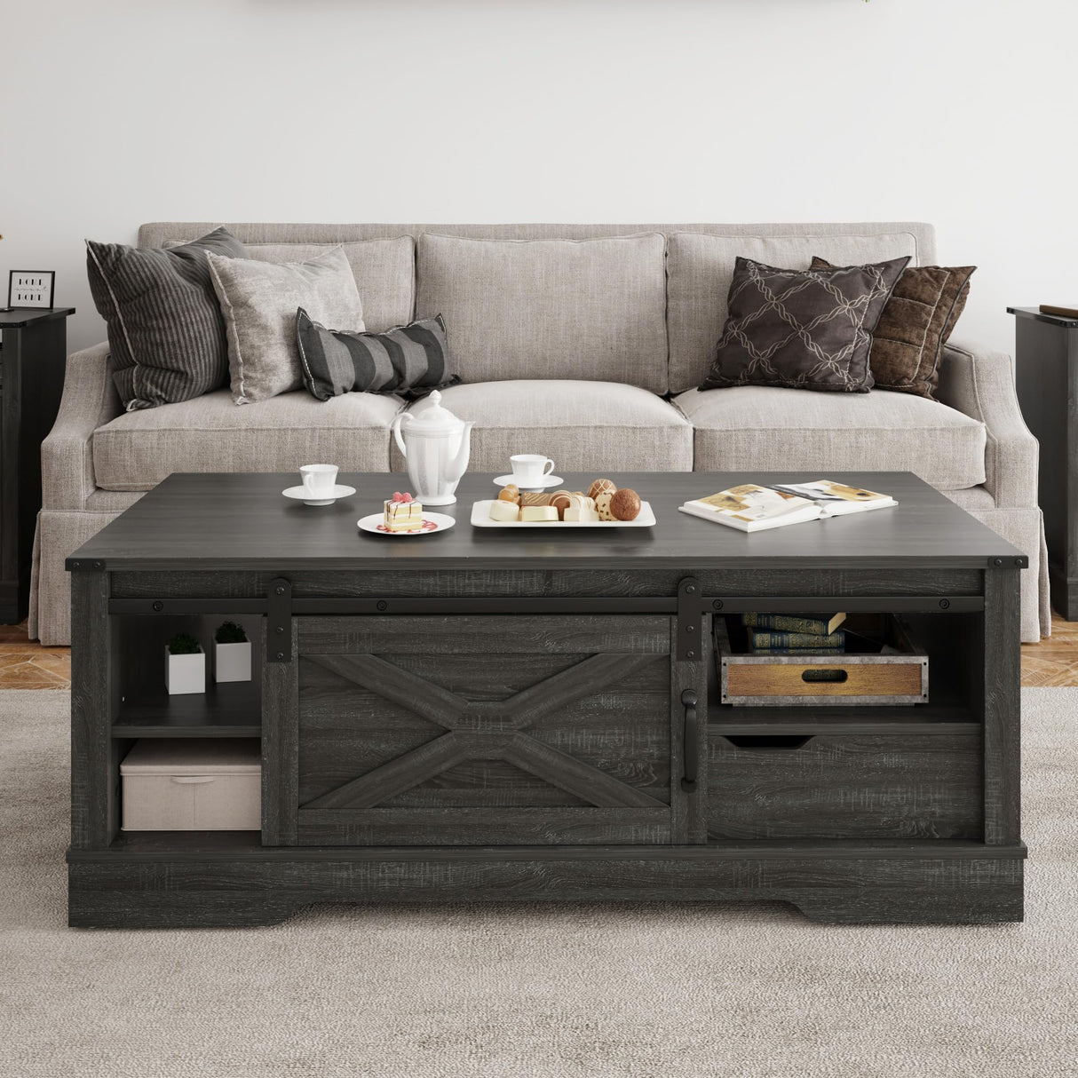RoyalCraft Farmhouse Coffee Table with Storage and Sliding Barn Door, 48'' Rustic Living Room Table with Open Shelves, Rectangular Center Table for Living Meeting Room, Drak Grey RoyalCraft