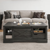 RoyalCraft Farmhouse Coffee Table with Storage and Sliding Barn Door, 48'' Rustic Living Room Table with Open Shelves, Rectangular Center Table for Living Meeting Room, Drak Grey RoyalCraft