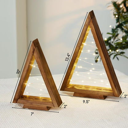 Mokof 2 Pack Wood Tabletop Christmas Trees with Lights, Christmas Decorations Indoor, Modern Farmhouse Christmas Decor Small Trees for Table, Mantle, Shelf (13.4" and 10" Tall)