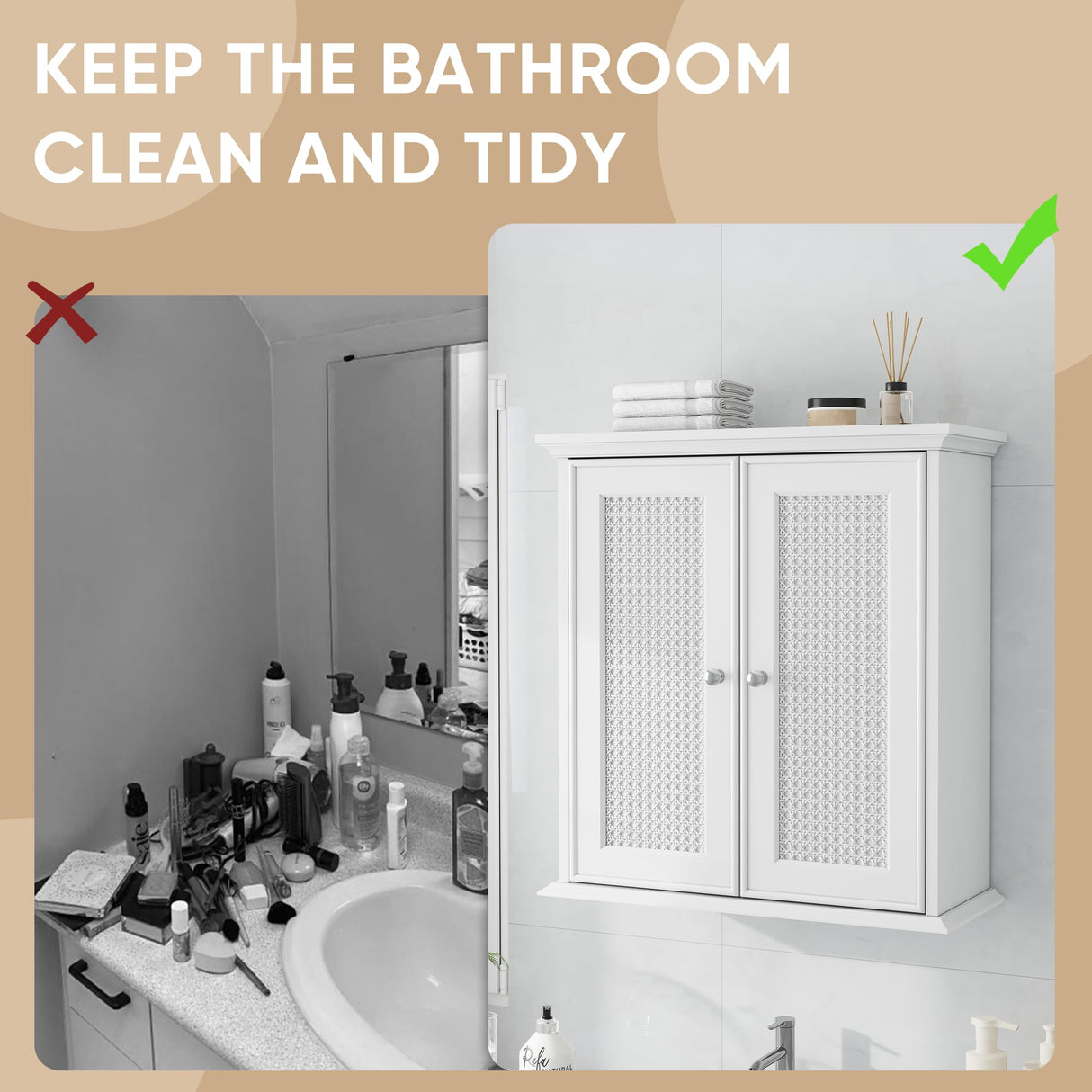 Smuxee White Bathroom Cabinet Wall Mounted with Rattan Doors, Bathroom Medicine Cabinet with Adjustable Shelf, Bathroom Wall Cabinet Over Toilet for Laundry Room Kitchen Smuxee