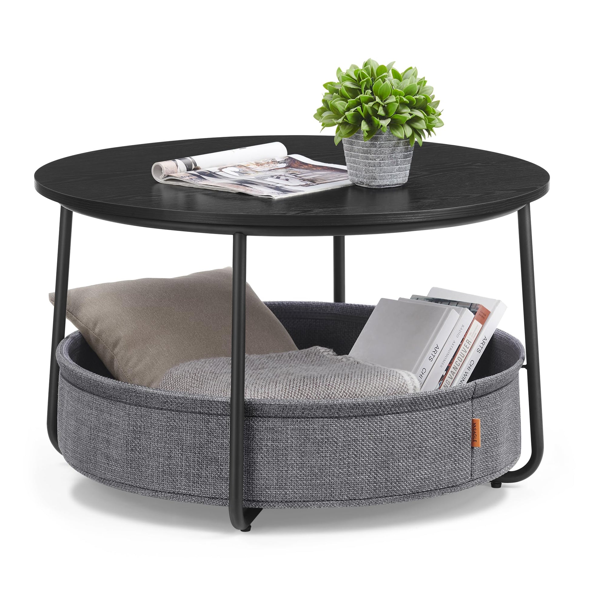 VASAGLE Coffee Table with Storage, Round Center Table for Living Room with Fabric Basket, Modern Style, Metal Frame, Ink Black and Slate Gray ULCT244B56 - WoodArtSupply