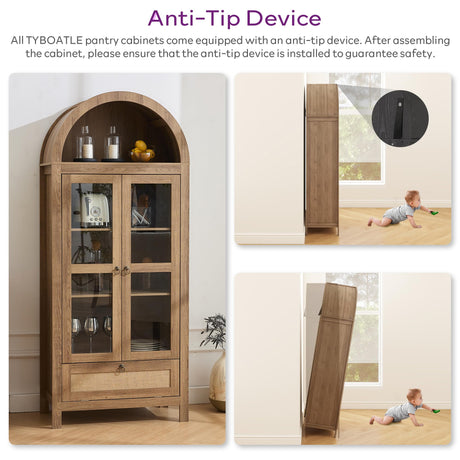 TYBOATLE 71" Tall Arched Pantry Cabinet with Innovative Drawer, Kitchen Cabinet with Anti-Tipping Device and Glass Door, Versatile Cupboard for Kitchen, Dining, Natrual TYBOATLE