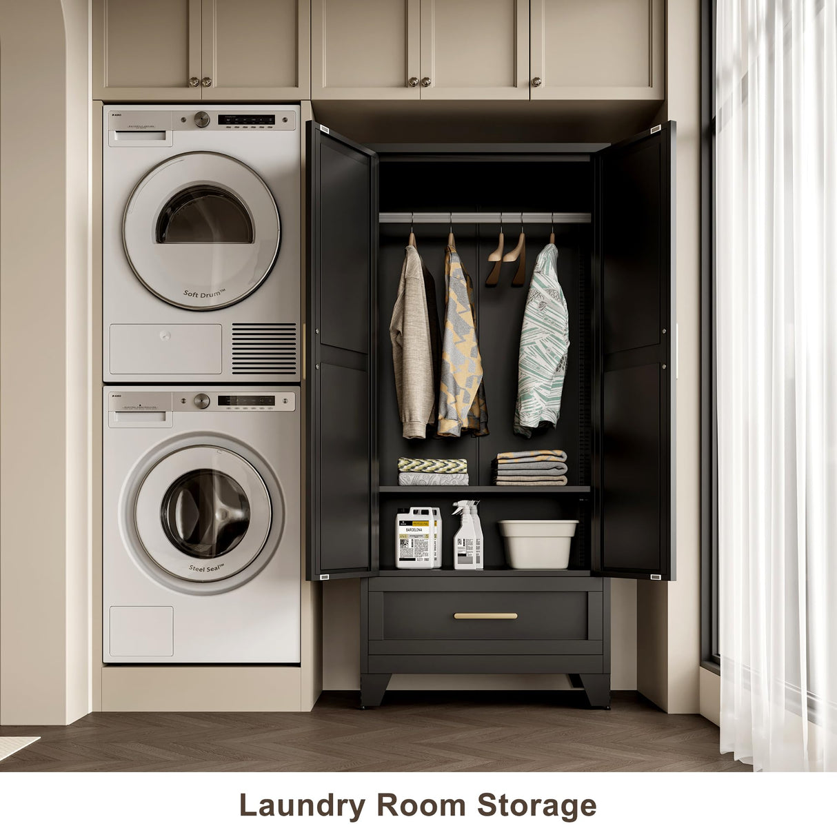 QINPTWUT 71" Large Capacity Metal Wardrobe with 1 Drawer and Adjustable Shelf - Heavy Duty Steel Storage Cabinet for Bedroom, Office,Laundry Room,Bedroom and More (Black, 71" - 1 Drawer) QINPTWUT