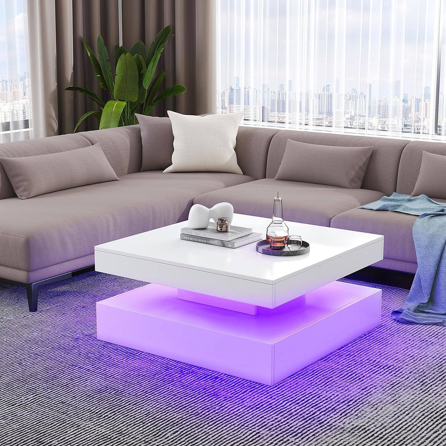 LED Coffee Table for Living Room with Storage - High Glossy Modern White Center Table with 2 Drawers, Square Wooden Middle Table with 16-Color Lights 31" x 31" x 14.6" (White) - WoodArtSupply