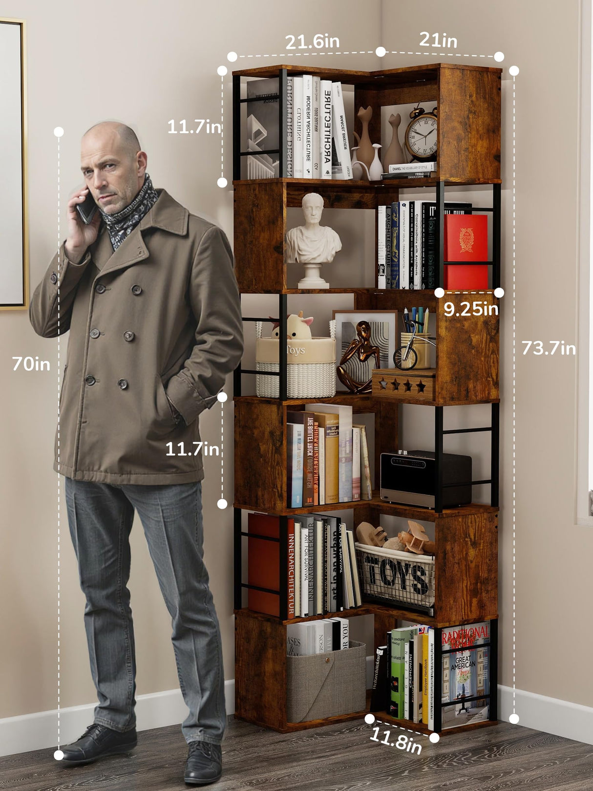 7 Tier Corner Bookshelf 74 Inches Tall Corner Bookcase Industrial L Shaped Book Shelf with Metal Frame Display Rack Storage Organize for Home Office,Living Room,Bed Room (Brown) Suuiwau