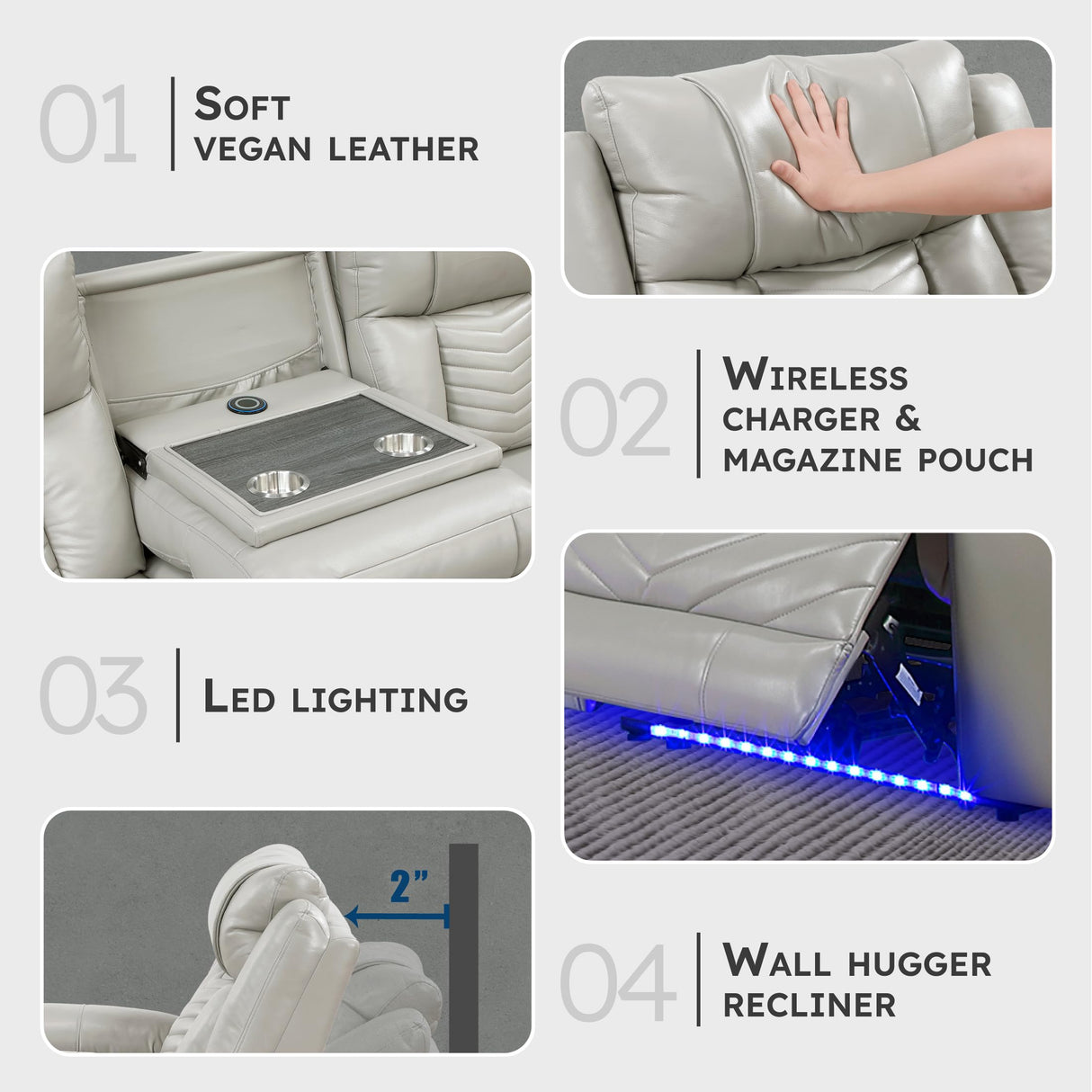 Lexicon Wall Hugger Power Double Reclining Sofa with Center Drop-Down Table, Faux Leather Home Theater Seating with LED Lighting/USB Charging Ports/Wireless Charger/Cup Holders, Magazine Pocket, Gray Lexicon