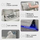 Lexicon Wall Hugger Power Double Reclining Sofa with Center Drop-Down Table, Faux Leather Home Theater Seating with LED Lighting/USB Charging Ports/Wireless Charger/Cup Holders, Magazine Pocket, Gray Lexicon