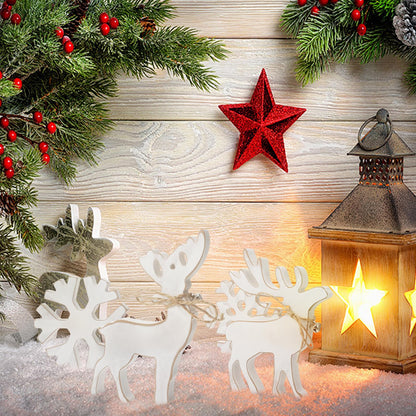 4Pcs Reindeer Snowflake Christmas Wooden Table Decorations Rustic Reindeers Tiered Tray Tabletop Signs Christmas White Snowflake Wooden sign for Christmas Winter Home Table Decor