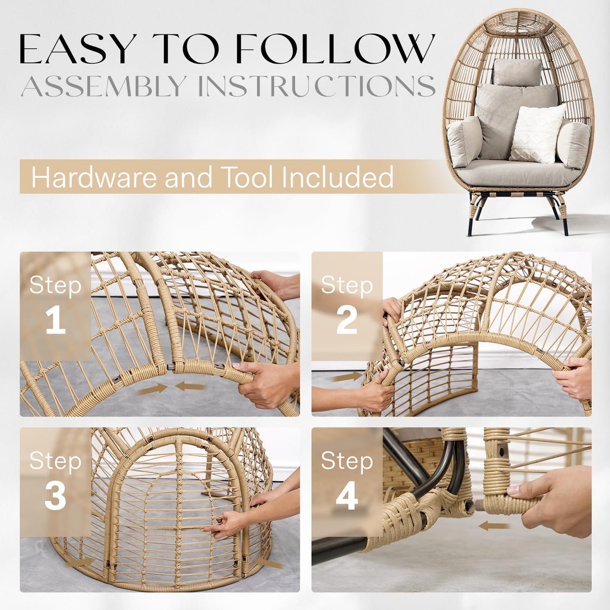 Bme Heavy Duty 500 Lbs Capacity Oversized Wicker Egg Chair for Outside, UV 2000 Hours Material with Non-discolouring Fabric Cushion, Durable Against Water, Weather Bme