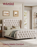 VASAGLE Queen Bed Frame with Tall Headboard, Upholstered Platform Bed Frame Queen Size, with Wingback Tufted Headboard and Footboard, Wooden Slats, No Box Spring Needed, Cappuccino Beige URMB881W01 VASAGLE