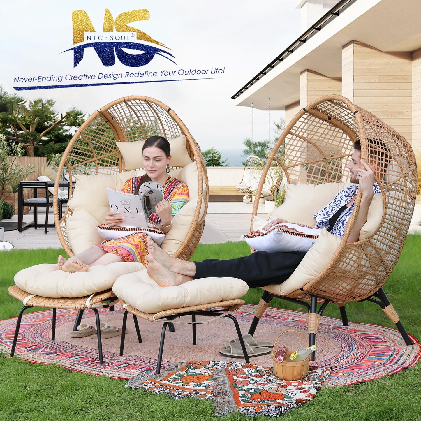 NICESOUL® Indoor Outdoor Stationary Wicker Egg Chair Oversized Thick Cushions Egg Seat with Ottoman, 440lbs Egg Basket Lounge Chair with Footrest, Boho Chair for Patio Balcony Bedroom Beige