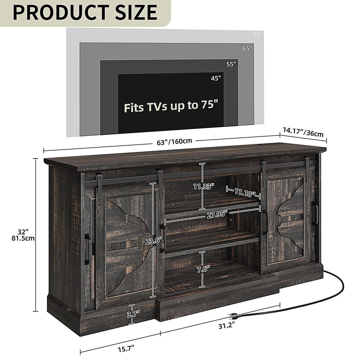 YITAHOME TV Stands with Power Outlets for 70/65 Inch Television, Modern Farmhouse Entertainment Center TV Media Console with Barn Sliding Doors & Adjustable Shelf for Living Room, Dark Rustic Oak YITAHOME
