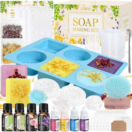 Jcoos Soap Making Kit, Soap Making Kit for Adults Kids, Make Your Own Soap Making Supplies, Soap Base, Soap Mold, Dried Flowers, Soap Dye, Scents Crafts for Girls, Christmas Gifts Jcoos