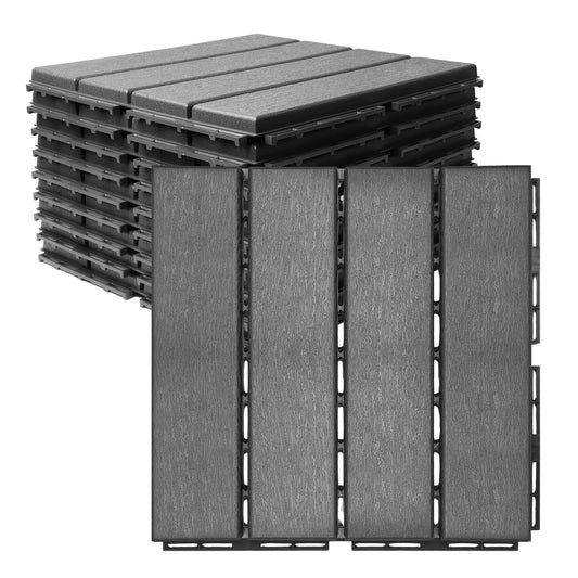 Plastic Interlocking Deck Tiles, 9 PCS 12"x12" Waterproof Patio Tiles Outdoor Flooring for Balcony Backyard Poolside Walkway Front Porch（Dark Grey）