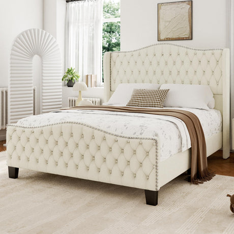 King Bed Frame with 51" Tall Headboard, Velvet Upholstered Platform Bed with Deep Button Tufted, Footboard & Nailhead Trim Wingback, No Box Spring Needed, Noise Free-Beige Konprosp