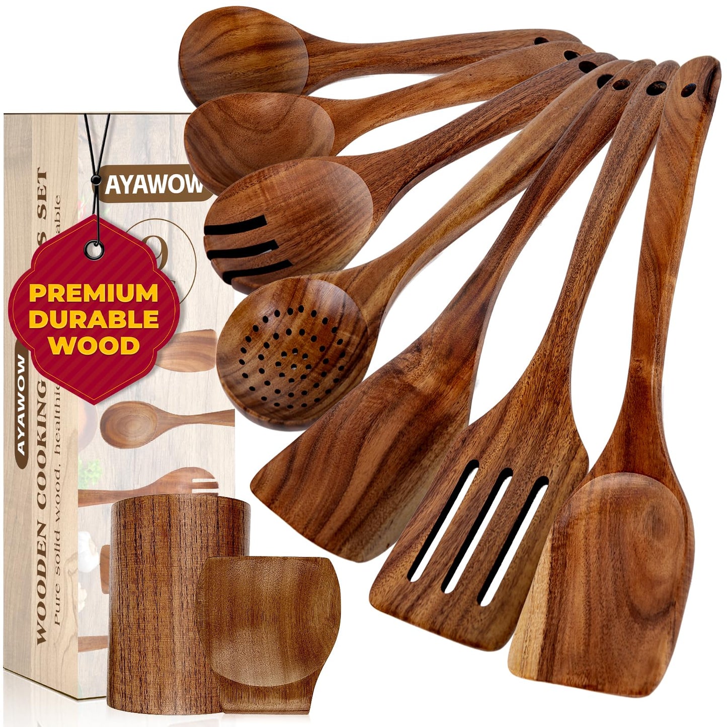 Wooden Spoons for Cooking, Teak Wooden Kitchen Utensil Set for Nonstick Cookware, Durable Wooden Cooking Utensils Set with Holder and Spoon Rest (9 Pcs)