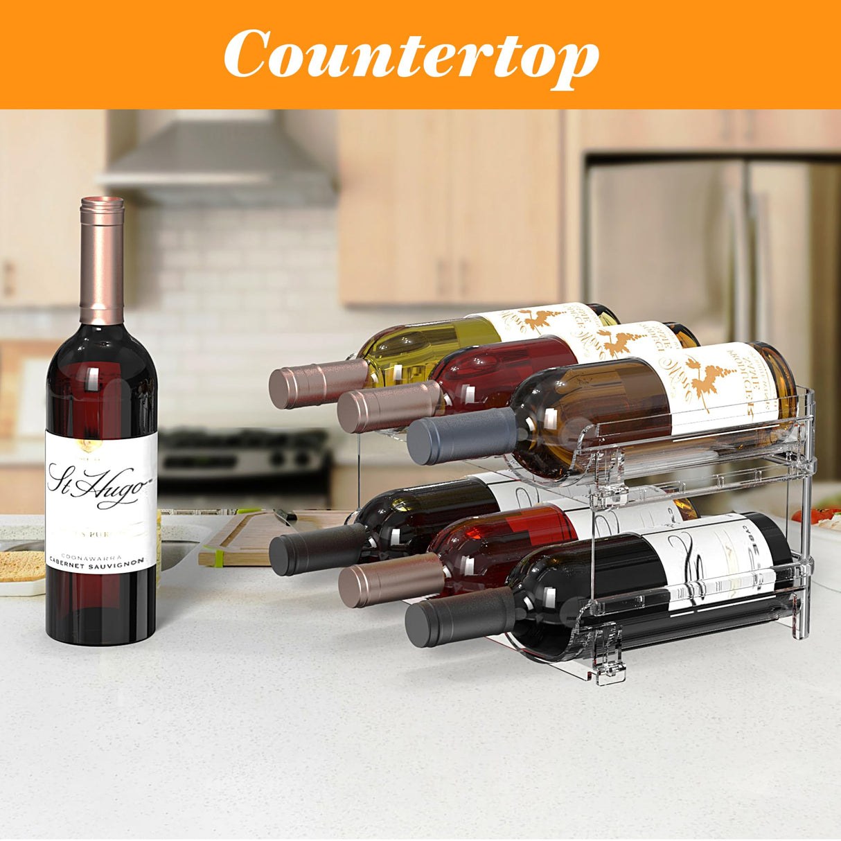 Plastic Stackable Wine Rack for Refrigerator, 2 Tier Large Capacity Water Bottle Organizer for Cabinet, Free-Standing Water Bottle Storage Rack for Fridge, Countertop, Pantry, Freezer, Hold 6 Bottles Noyhnuoch