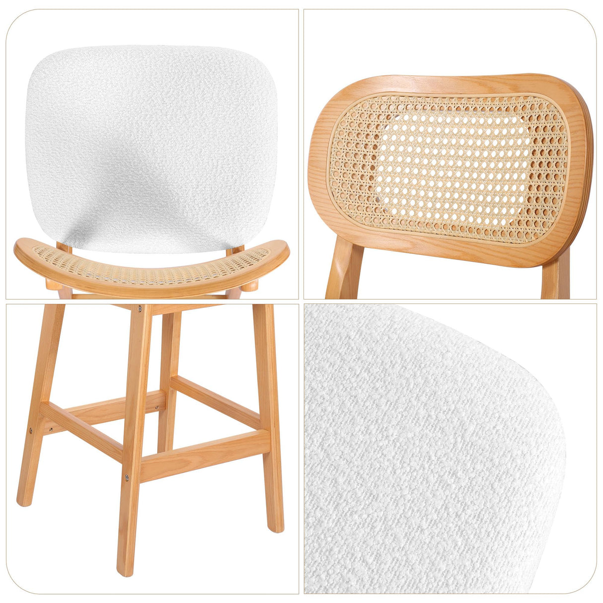 RUOVU Counter Height Bar Stools Set of 3, Rattan Barstools with Back and Natural Wood Frame, White Boucle Fabric Upholstered Bar Chairs, Mid Century Modern Farmhouse Counter Stool for Kitchen Island RUOVU