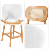 RUOVU Counter Height Bar Stools Set of 3, Rattan Barstools with Back and Natural Wood Frame, White Boucle Fabric Upholstered Bar Chairs, Mid Century Modern Farmhouse Counter Stool for Kitchen Island RUOVU