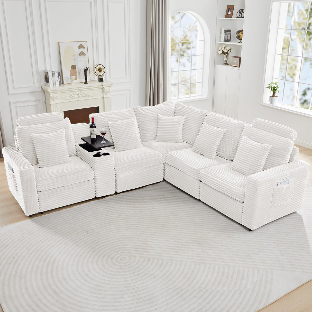 Sylphorium Power Recliner Sectional Sofa, L Shaped Couch with 2 Recliners and Center Console, Comfy Corduroy 5 Seater Modular Sofa for Living Room, Apartment, Home Theater (White) Sylphorium