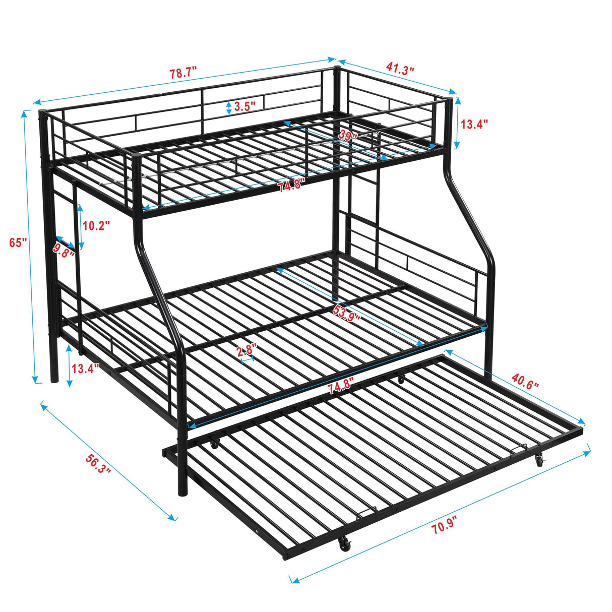 Zyerch Twin Over Full Bunk Bed with Trundle, Metal Bed Frame Bunkbeds Twin Over Full for Kids Adults with 2 Ladders & Guardrail, Noise Free Easy to Assemble, Black Zyerch