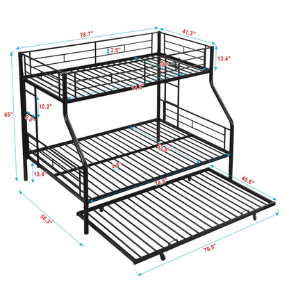 Zyerch Twin Over Full Bunk Bed with Trundle, Metal Bed Frame Bunkbeds Twin Over Full for Kids Adults with 2 Ladders & Guardrail, Noise Free Easy to Assemble, Black