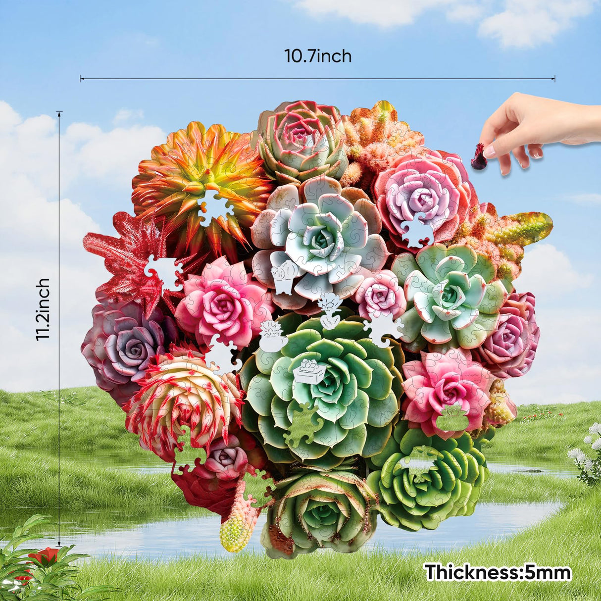 delobil Succulent Bouquet Wooden Puzzles for Adults, 200 Pieces Mandala Round Jigsaw Puzzles, Medium Size Unique Shaped Liberty Wood Puzzle Gift for Kids, Family Game 11.3'' x 10.5'' delobil