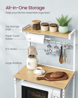 VASAGLE Kitchen Bakers Rack with Power Outlet, Coffee Bar 4-Tier with 8 S Hooks, Microwave Stand, Adjustable Shelf, for Small Spaces, Golden Oak and Cloud White UKKS014Y01V1 VASAGLE