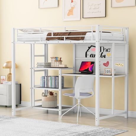 Jintop Twin Size Loft Bed with Stylish Desk and Whiteboard,Versatility Metal Bunk Bed,w/ 3 Shelves & Ladder,Easy Assembly,for Students,Boys,Girls,White Jintop