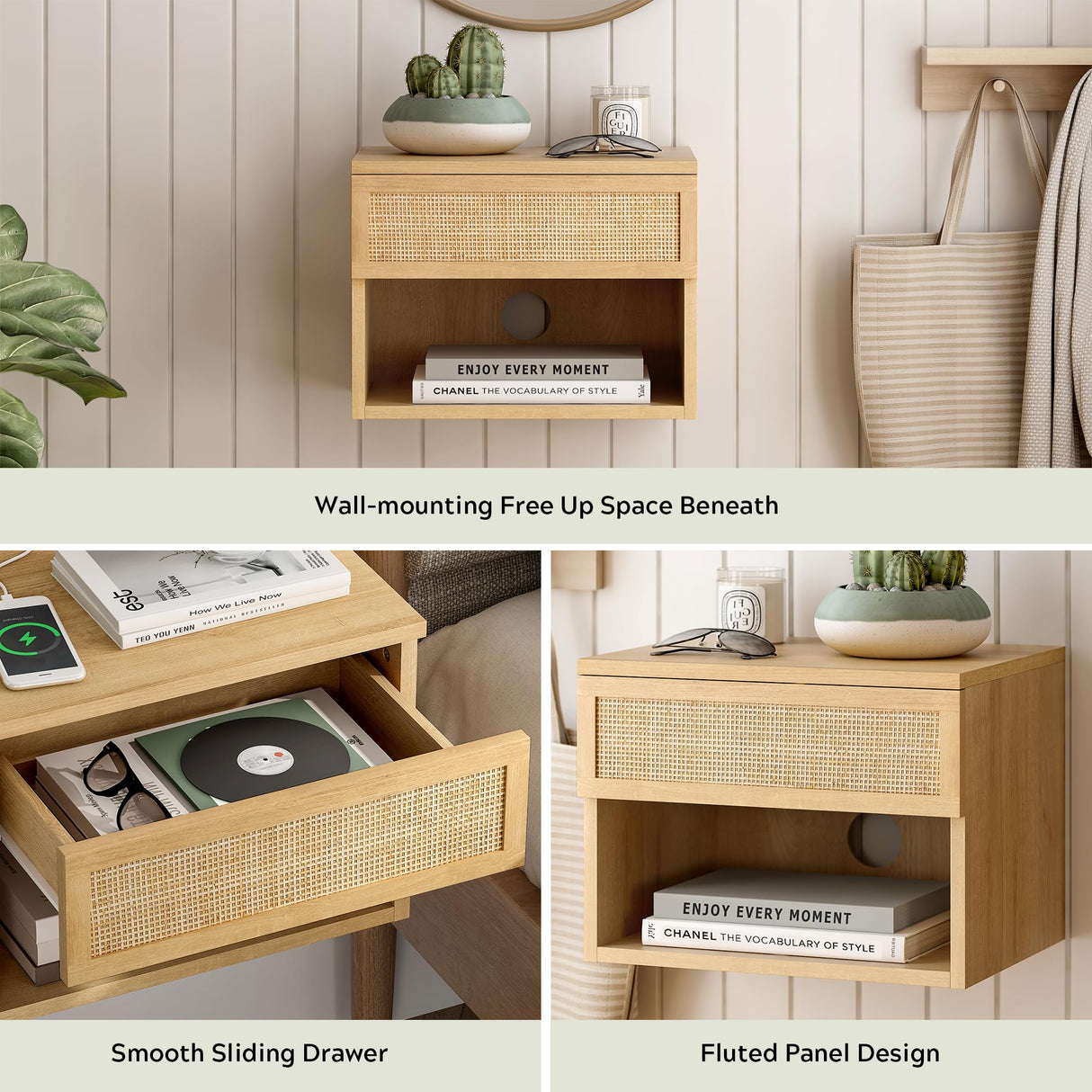 EYYTHUNG Small Rattan Floating Nightstands with Drawer Set of 2, Wall Mounted Night Stand with Open Compartment Modern Wooden Bedside Table Storage Cabinet for Bedroom, Entryway Natural Oak EYYTHUNG