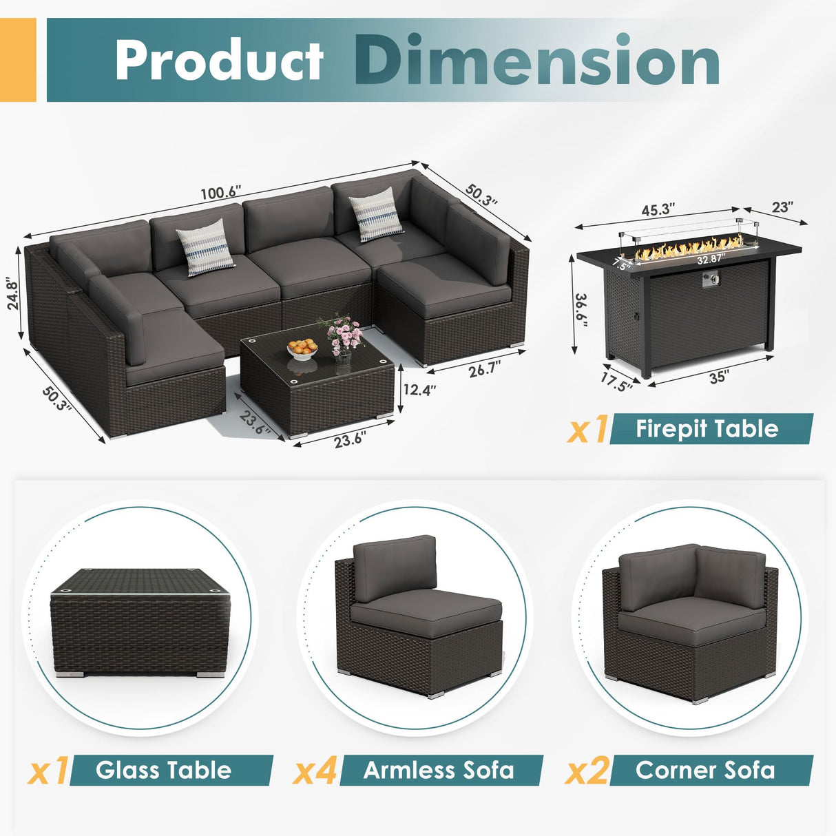 Incbruce 8-Piece Patio Furniture Set with Fire Pit Table, PE Black Brown Wicker Rattan Outdoor Sectional Couch, Patio Conversation Set with Glass Table and Removable Cushions (Grey) Incbruce