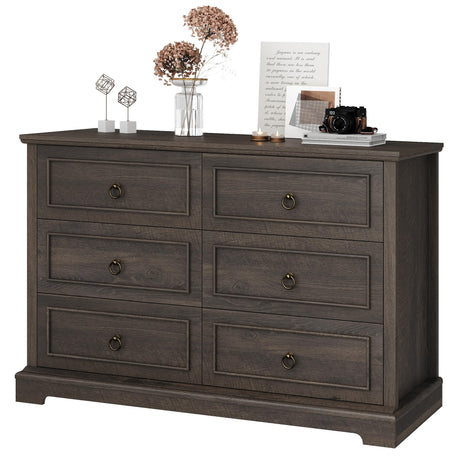 HOSTACK 6 Drawer Double Dresser, Modern Farmhouse Chest of Drawers, Wide Dressers Organizer, Accent Wood Storage Cabinet for Living Room, Hallway, HOSTACK