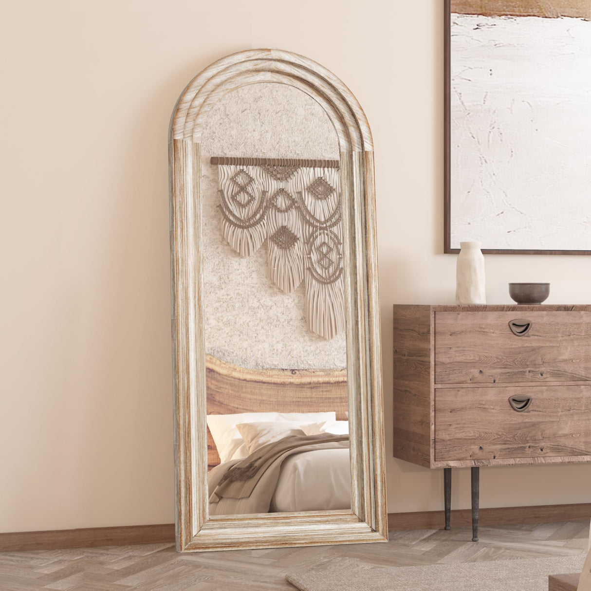 CASSILANDO Full Length Mirror Arched 65"x24" Wood Wall Full Length Distressed Large Floor Mirror for Living Room, Bedroom, Entrance.（Weathering White） CASSILANDO