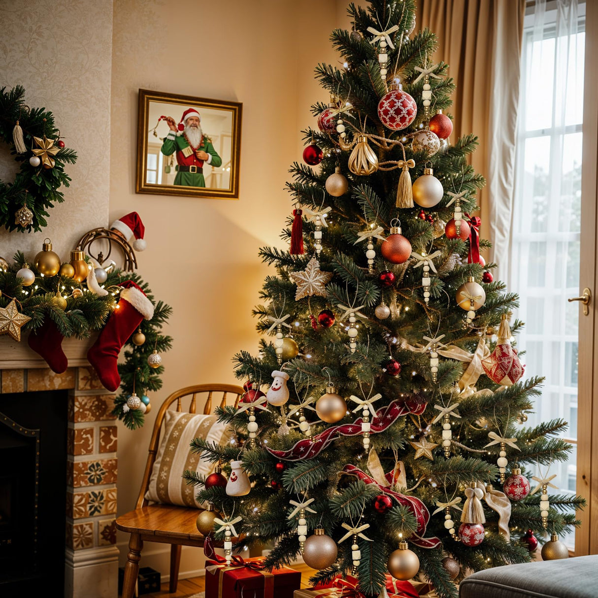 OurWarm 24Pcs Wooden Beads Christmas Tree Ornaments Wood Beads, Boho Christmas Decor Christmas Tree Beads with Gold Beads & Bowknot, Farmhouse Christmas Tree Decorations for Christmas Tree Decor OurWarm