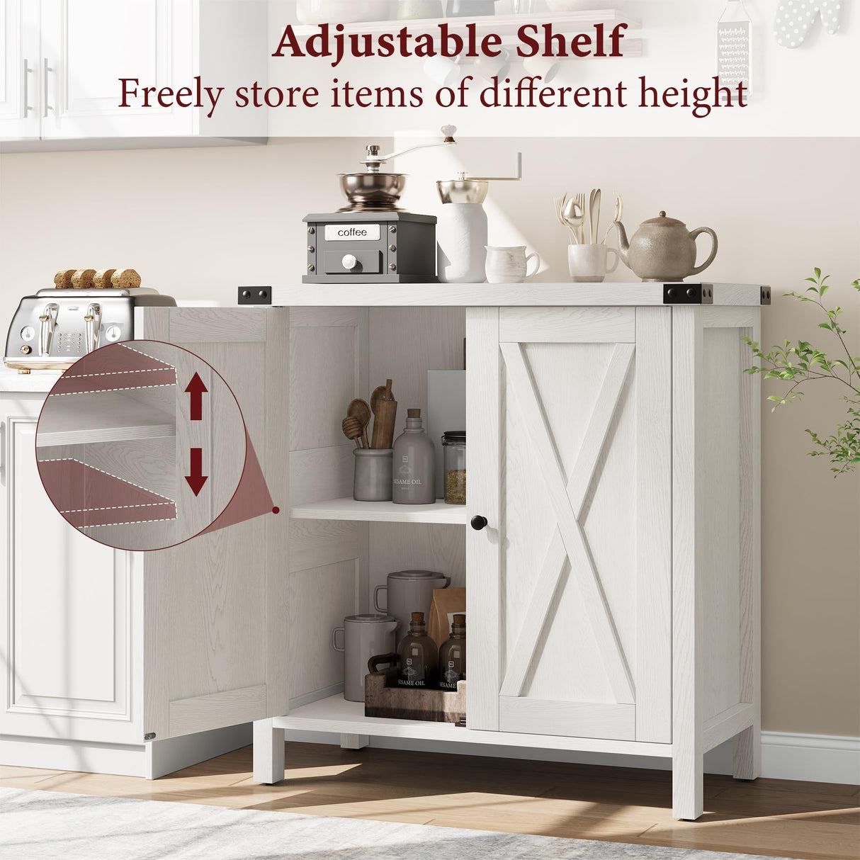 GarveeHome Farmhouse Sideboard Buffet Cabinet, Small Storage Cabinet with 2 Doors and Adjustable Shelves, Accent Entryway Console Cupboard for Living Room, Dining Room, White GarveeHome