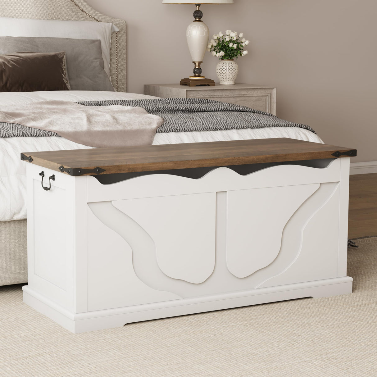 Maupvit Storage Chest, 39.4" Wooden Storage Trunk with 2 Safety Hinges, End of Bedroom Bed Bench with Metal Corner Decoration, Shoe Bench for Entryway, Bedroom, Living Room, White Maupvit