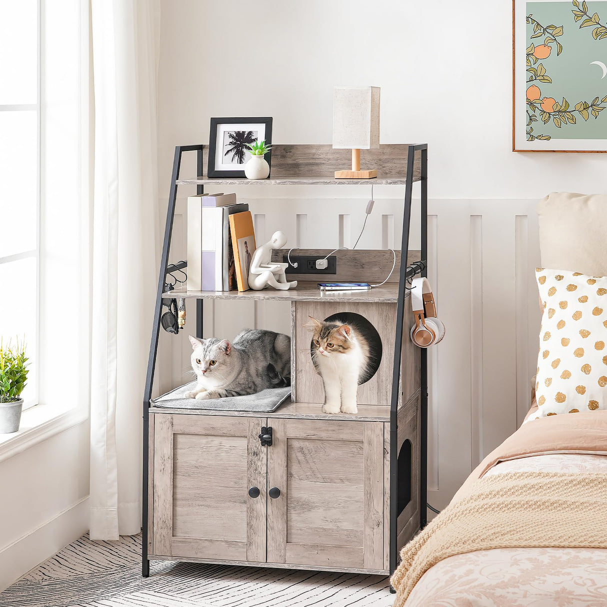 HOOBRO Litter Box Enclosure with 2 Storage Shelves, Tall Cat Litter Box Furniture Hidden with Charging Station, Indoor Cat Furniture with Cat House and Plush Mat, Greige BG70UMW01 HOOBRO