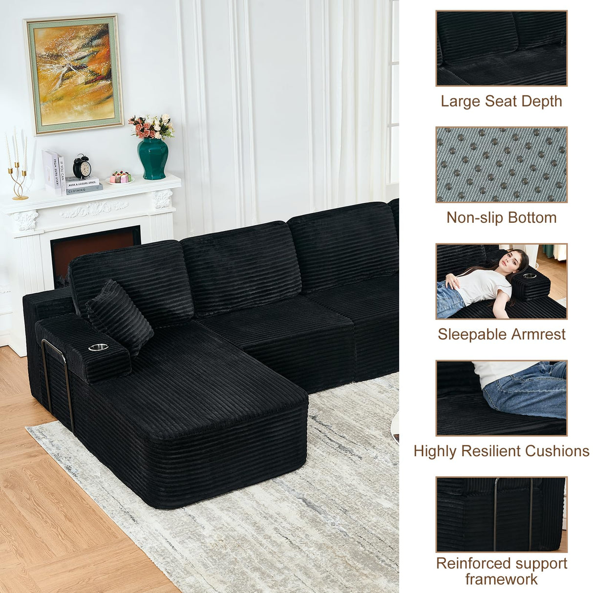 133" Cloud Sectional Couch with L-Shape Chaise,Modern Minimalist Upholstered Couches with Deep Seat,Corduroy Boneless Couches for Living Room Bedroom,No Assembly Required (Black,Left Facing Chaise) soothroom