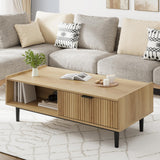 IDEALHOUSE Coffee Table Mid Century Modern Center Table with Drawer 42.5" Fluted Living Room Table with Storage Light Wood Cocktail Table with Open Shelf Rectangle Coffee Table Easy Assembly IDEALHOUSE