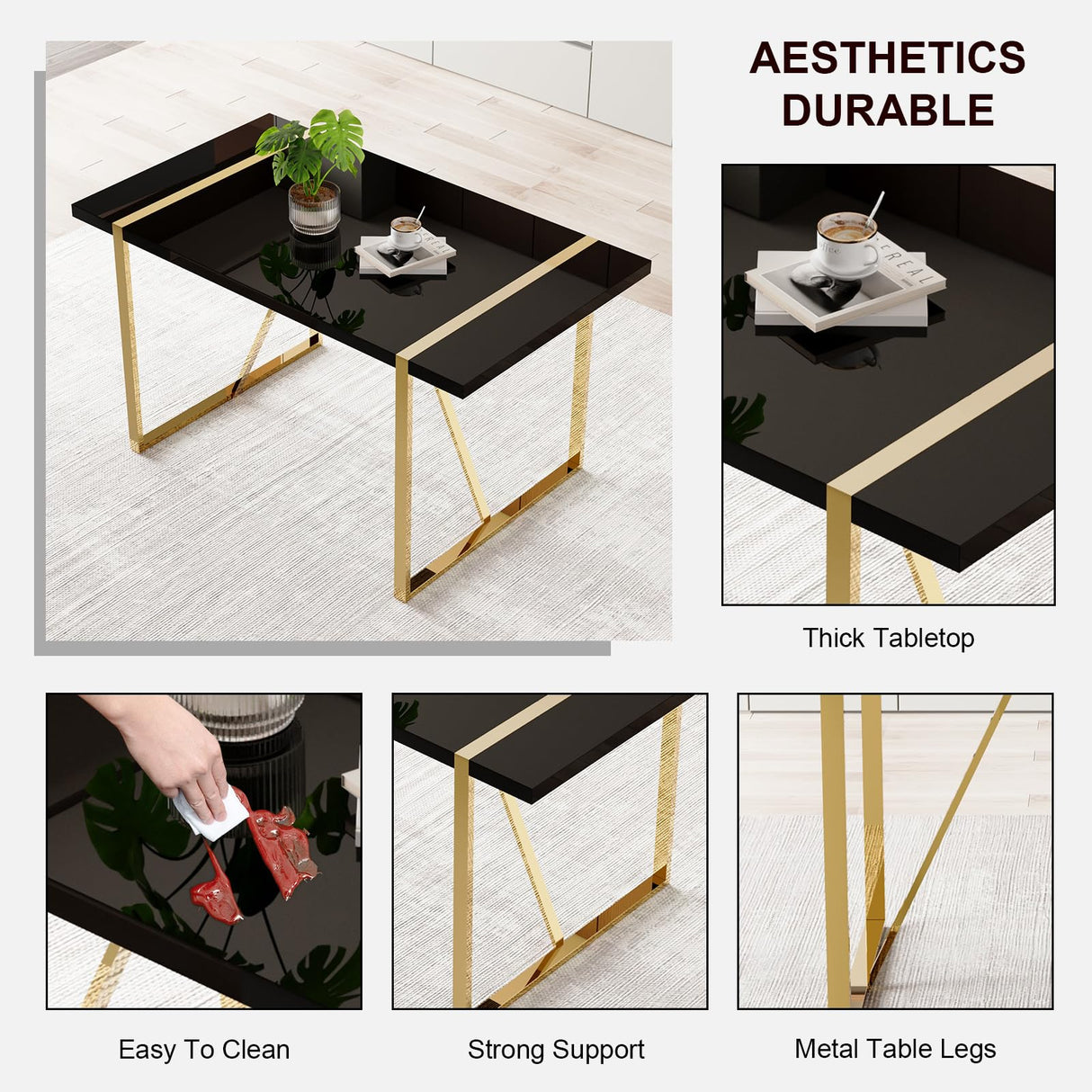 CTPNMCIN Modern Dining Table Set for 4, 55'' Gold Dining Room Table Set with 4 Black Faux Leather Chairs, Black Wood Tabletop with Gold Metal Legs, Suitable for Small Space CTPNMCIN