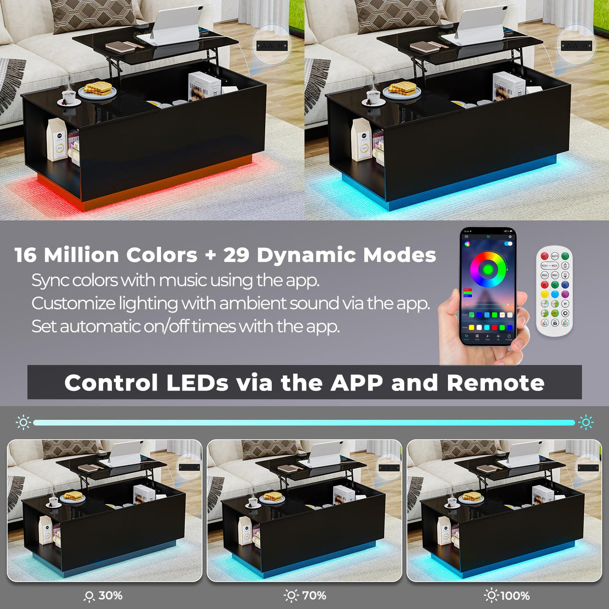 HOMMPA Lift Top Coffee Table with Charging Station Black Led Coffee Table with Storage Hidden Compartment Modern Coffee Table with Lift Top Center Table with LED Light for Living Room Home Office HOMMPA
