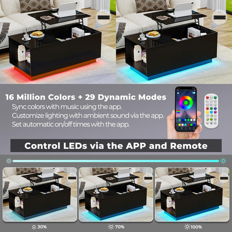 HOMMPA Lift Top Coffee Table with Charging Station Black Led Coffee Table with Storage Hidden Compartment Modern Coffee Table with Lift Top Center Table with LED Light for Living Room Home Office HOMMPA